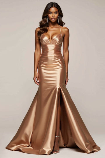 Golden Mermaid Spaghetti Straps Ruched Satin Long Prom Dress with Slit